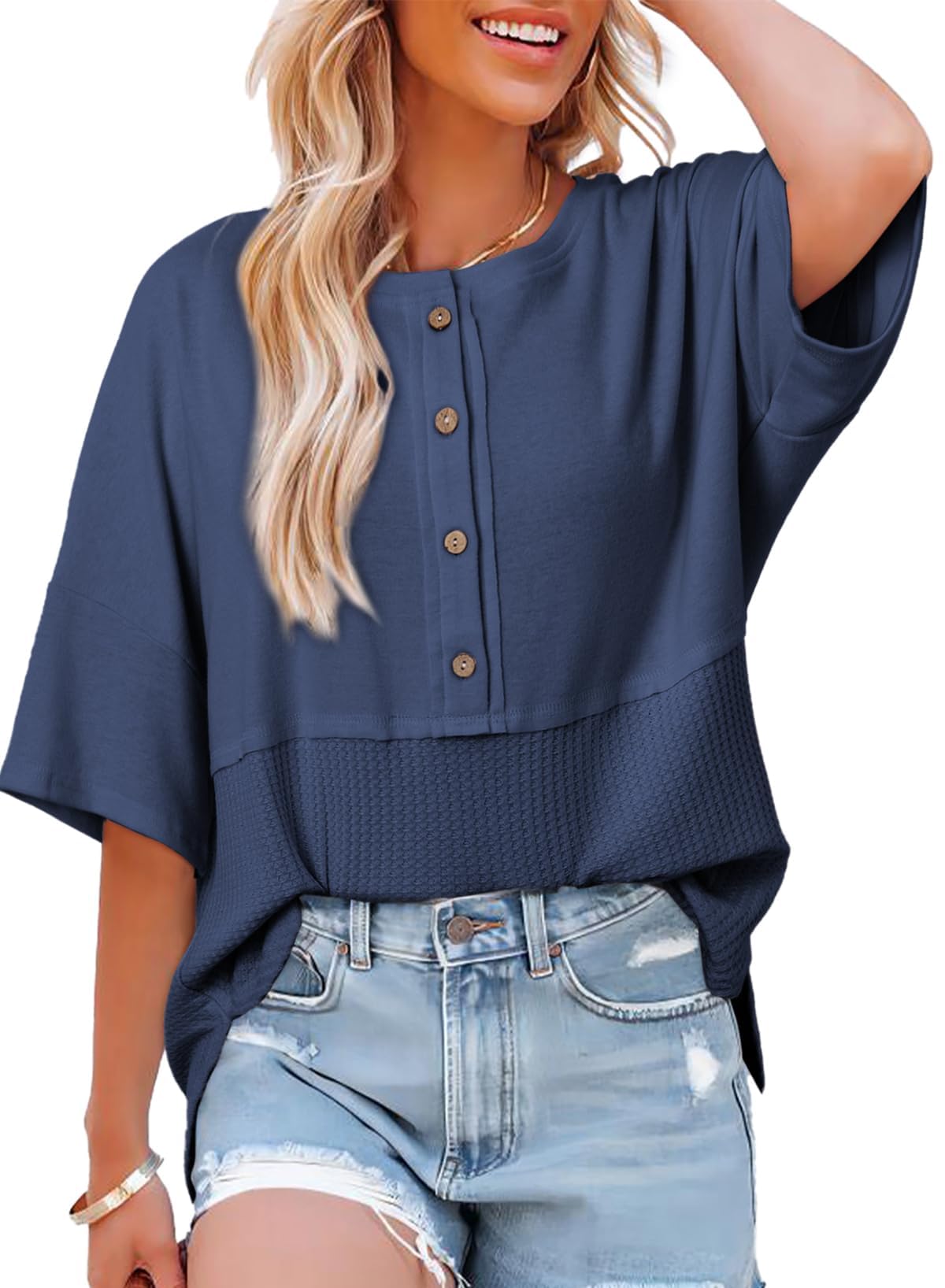 👚Women's 3/4 Sleeve Casual Button Down Waffle Knit Tops