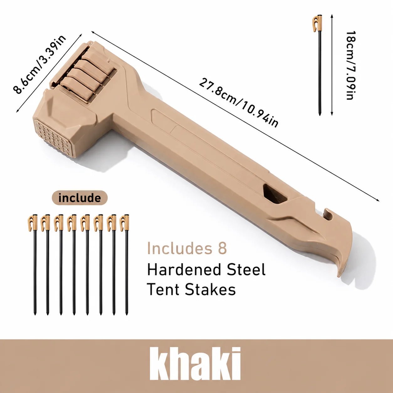 🔥🔨2-in-1 Tent Stake Hammer with Built-In Storage for 8 Stakes and Stake Puller for Outdoor Camping