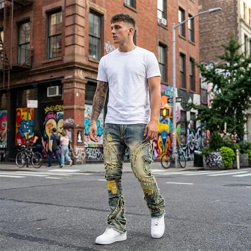 ✂️ Men's Deconstructed Frayed Flare Jeans – Vintage Wash & Stretch Cotton – Bold Streetwear 🛹