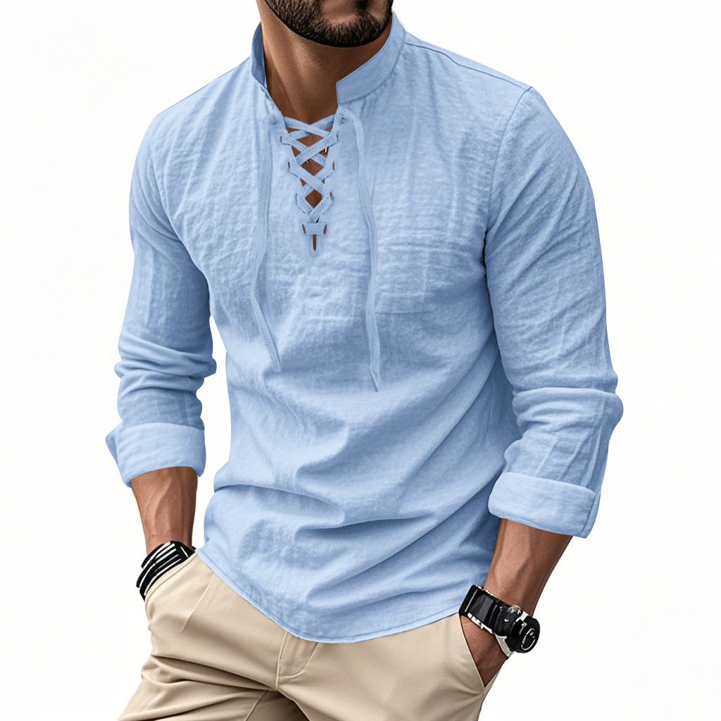 Men's Vintage V-neck T-shirt Cotton Linen Pirate Medieval Viking Gothic Tops Shirts Long Sleeved