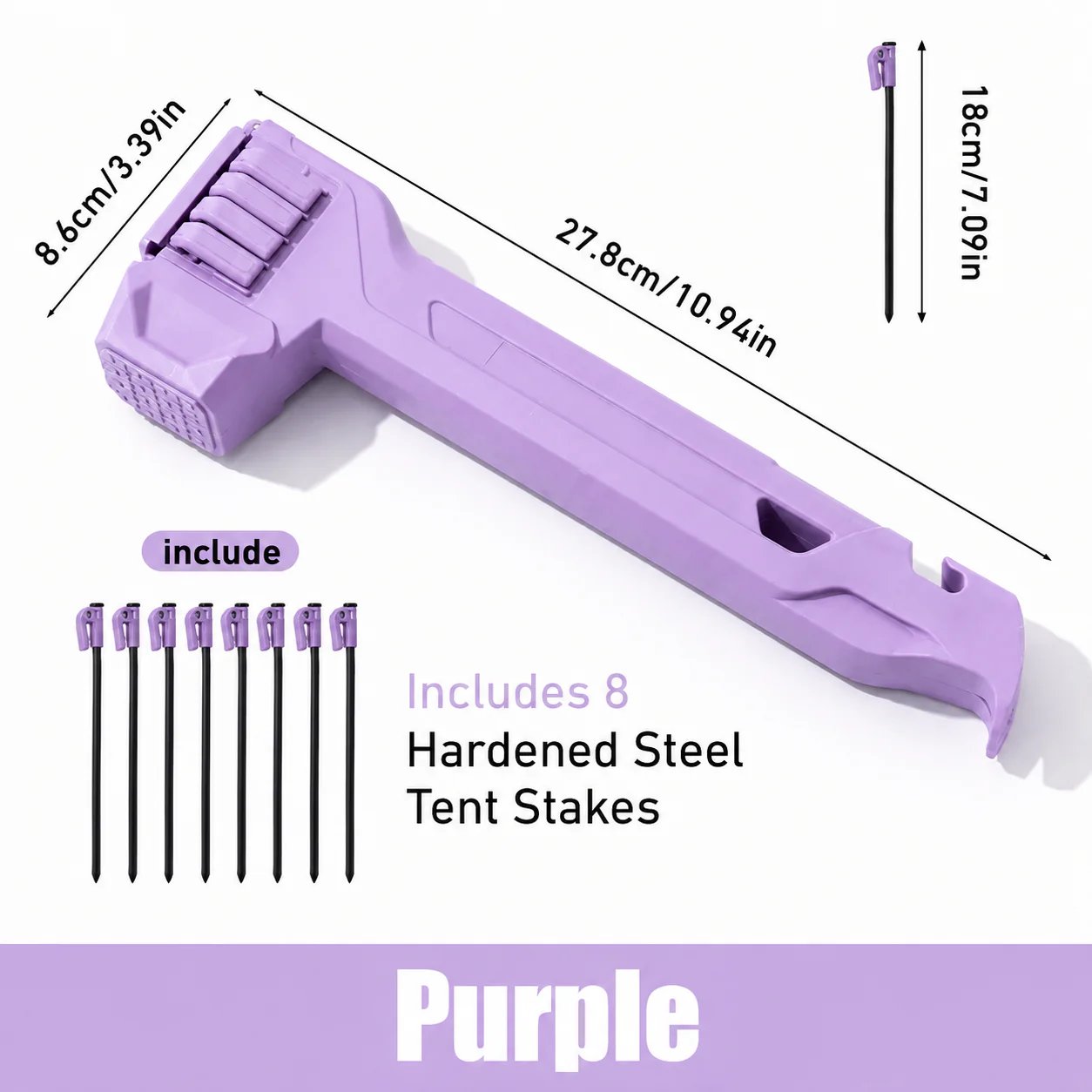 🔥🔨2-in-1 Tent Stake Hammer with Built-In Storage for 8 Stakes and Stake Puller for Outdoor Camping