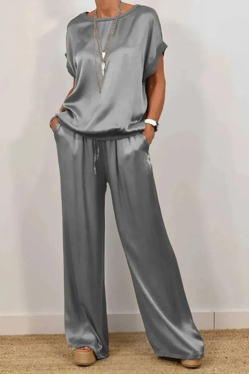 Women's Solid-Color Satin Casual Set: Short-Sleeve Top & Long Pants