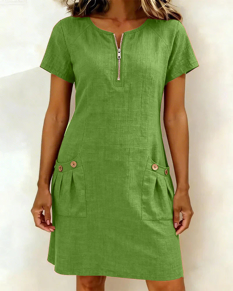 💃Women Summer Cotton-Linen Dress with Zipper Pockets