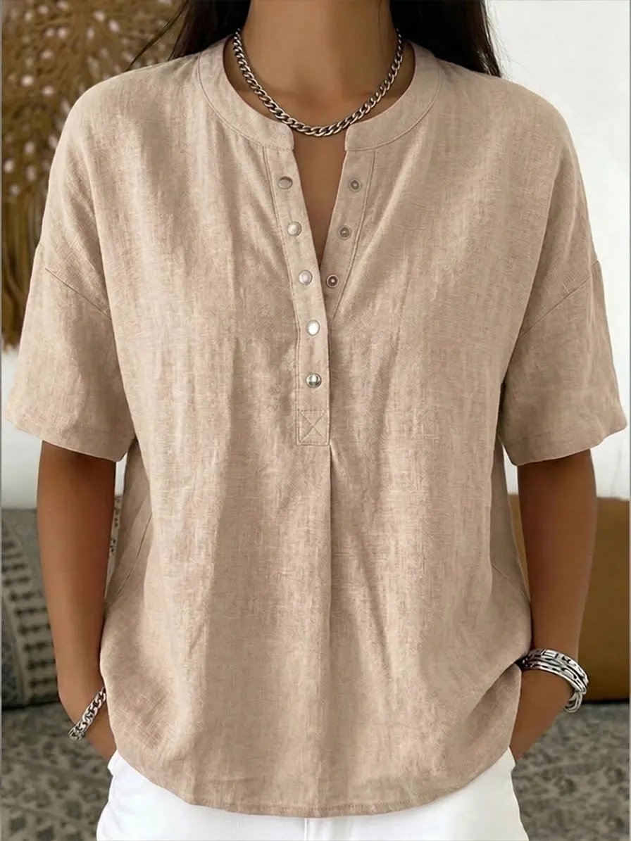 Women’s Casual Henley Collar Linen And Cotton Short-Sleeve Shirt