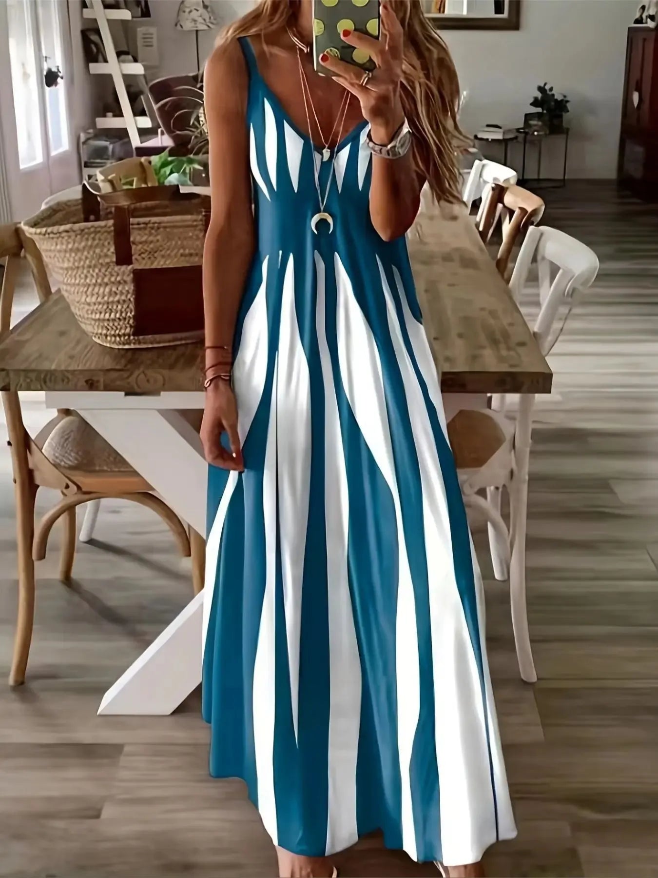 Striped Patchwork Suspender V-neck Dress