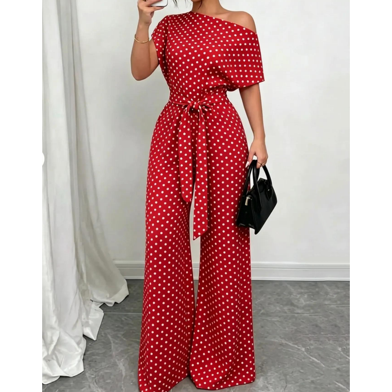 👖 LIMITED-TIME 50% OFF! ✨ Elegant Asymmetrical Polka Dot Jumpsuit – Wide Leg, Waist Tie, 3 Colors 🍷