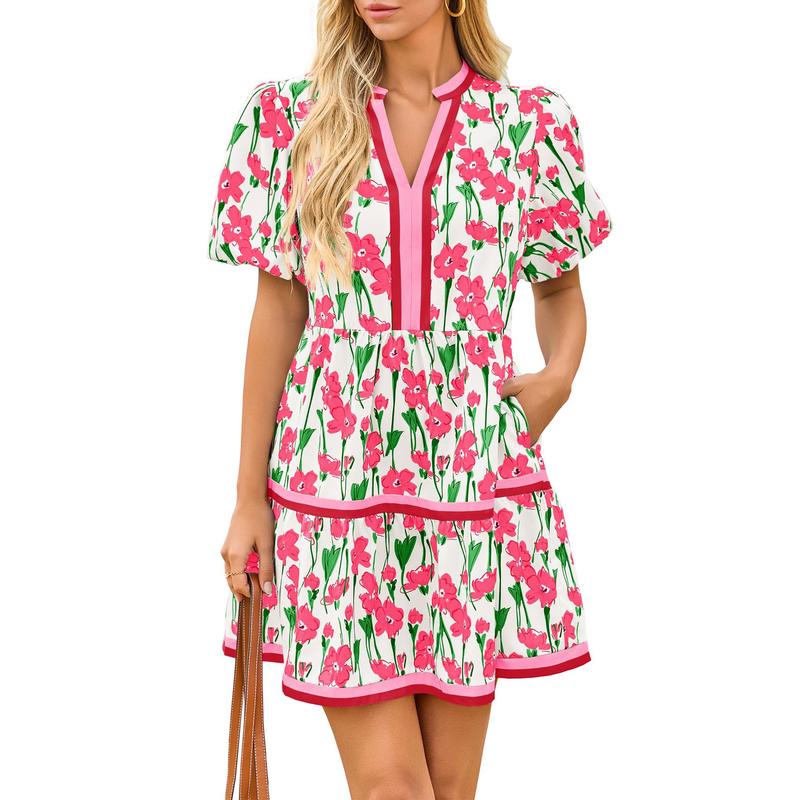 ⏰Summer Hot Sale 70% OFF💃Women's V Neck Floral Short Puff Sleeve Patchwork Casual Boho Mini Dress👍✨Soft Fabric & Comfortable Fit
