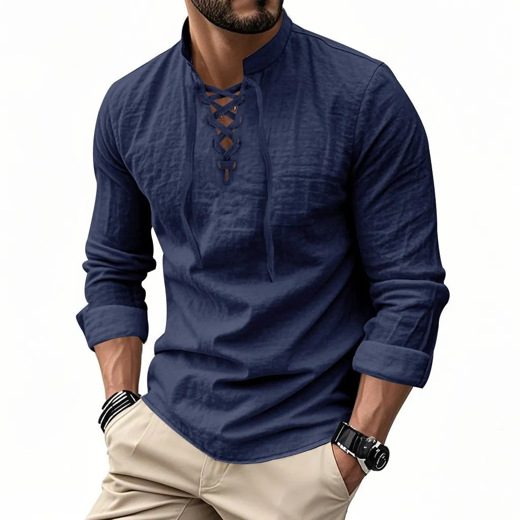Men's Vintage V-neck T-shirt Cotton Linen Pirate Medieval Viking Gothic Tops Shirts Long Sleeved