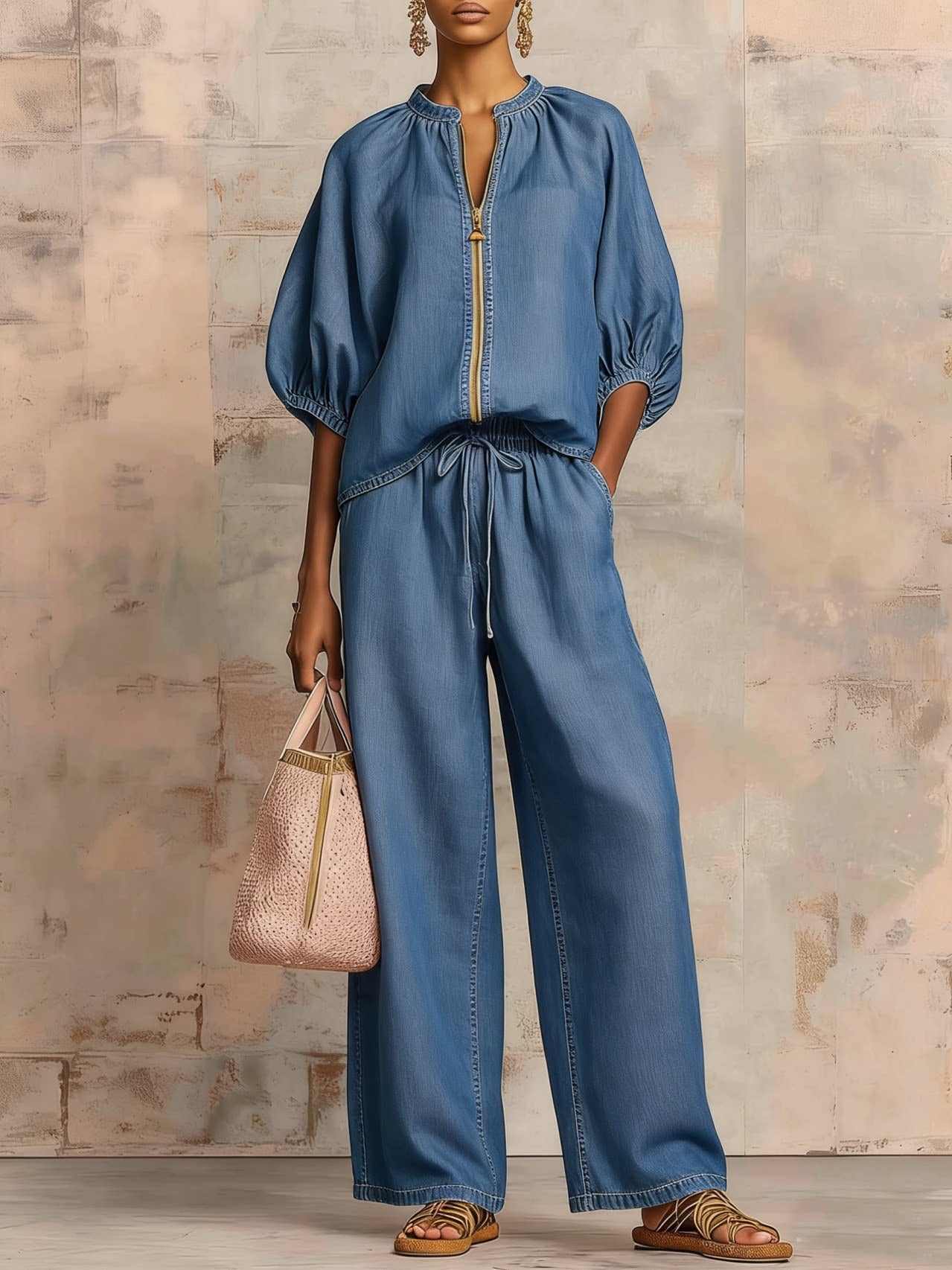 👚 40% OFF! 👖 Women's Solid Color 2-Piece Tracksuit – Puff Sleeve, Wide Leg, Zipper Detail ✨