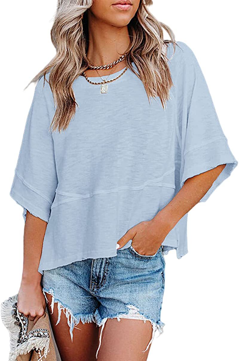 💃🌸Women's Solid Color Splicing Loose Five Points Flare Sleeve T-Shirt