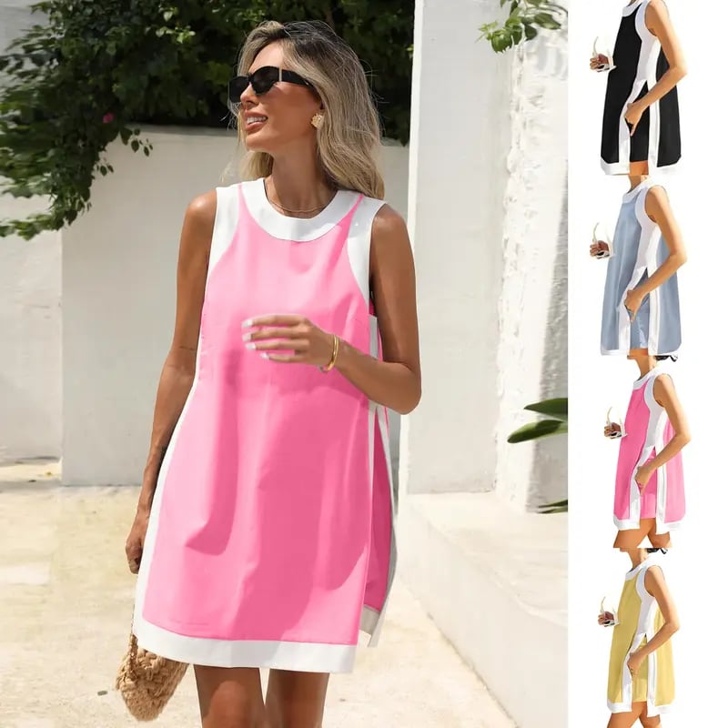 🎁Women's 2-Piece Sets Color Block Crewneck Sleeveless Top + Skirt & Shorts w/ Pockets