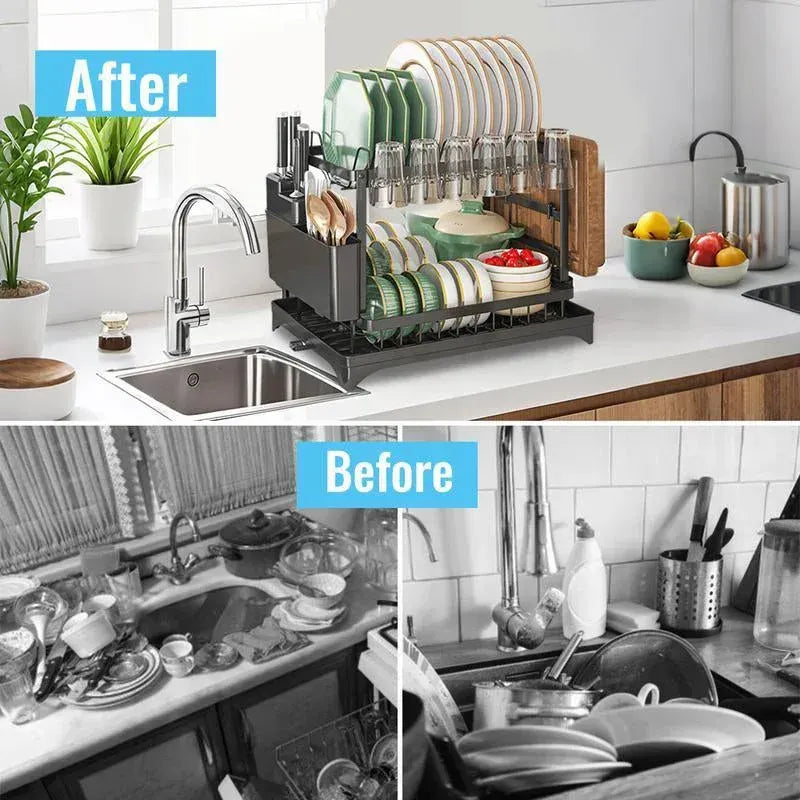 2-Tier Dish Drying Rack with Drainboard – Space-Saving Kitchen Organizer