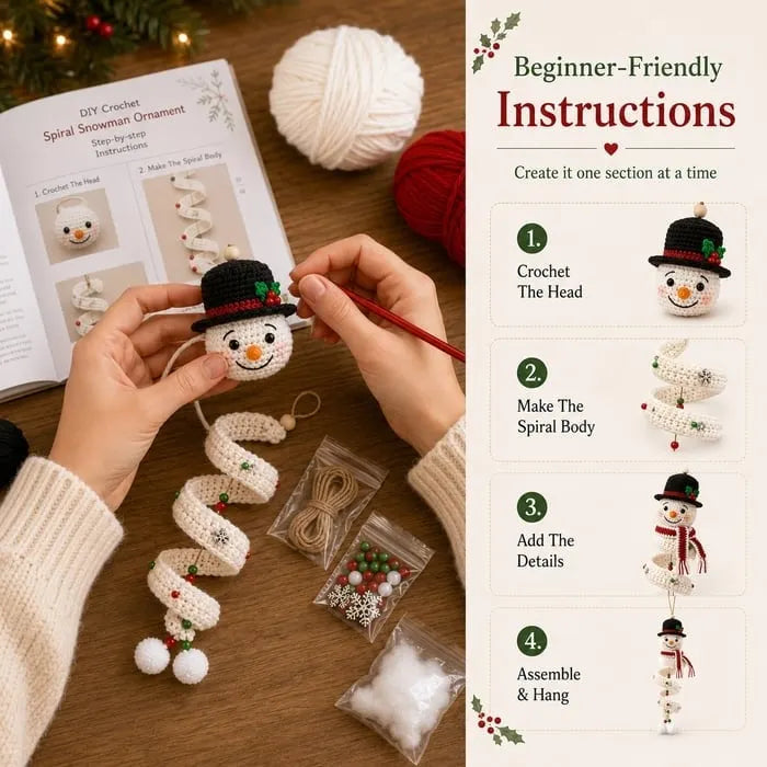 🎉☃️ Crochet Snowman Spiral Ornament DIY Kit | Complete Beginner-Friendly Set with Soft Yarn, Crochet Hook, Festive Beads, Snowflakes & Step-by-Step Guide 🧶🎄✨