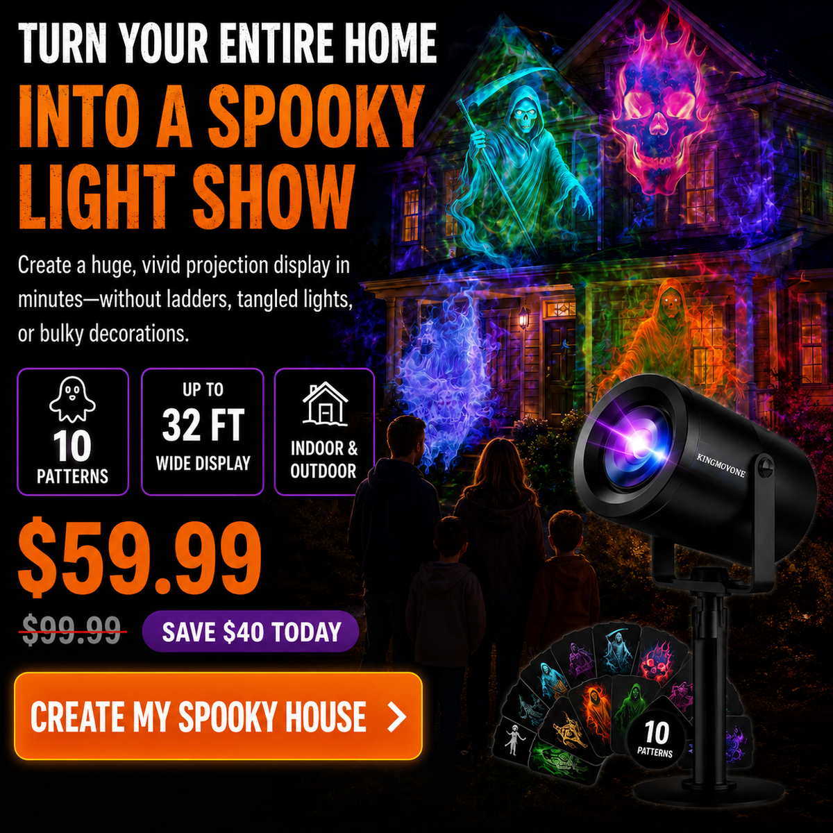 🎃 50% OFF TODAY! 32FT HD Halloween Projector Light – 10 Spooky Patterns to WOW Your Party 👻✨