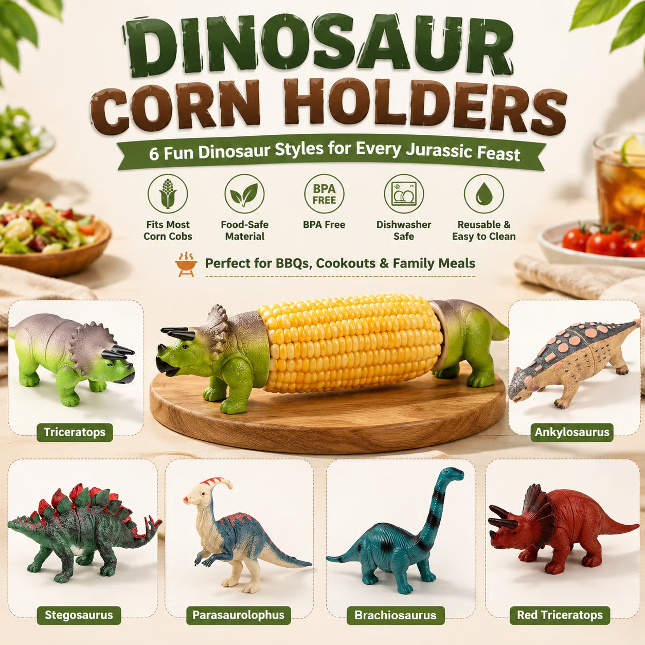 🦕⭐2026 New⭐ Dinosaur Corn Holders for Corn On The Cob - Funny Corn Cob Holder for Kids and Adults with Stainless Steel Prongs
