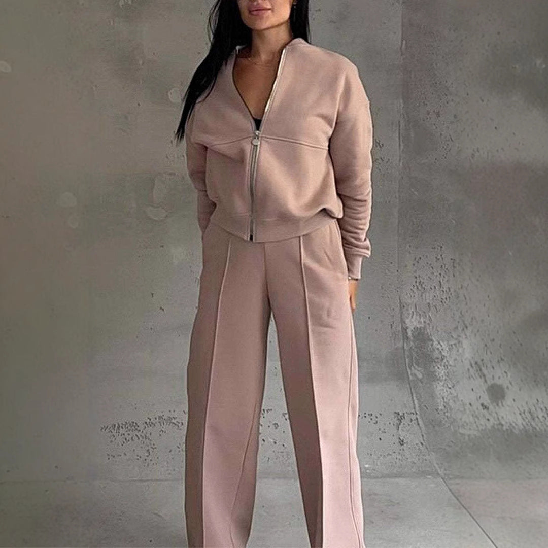 🔥Women's Two-Piece Relaxed Fit Set - Zippered Jacket and Wide-Leg Pants