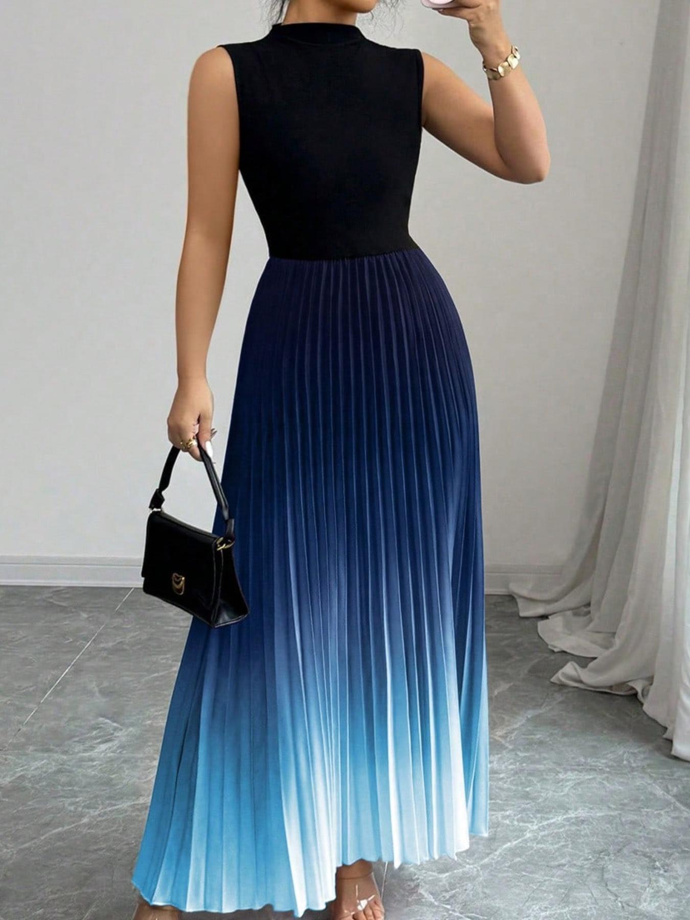 👗💜 Ombre Pleated Sleeveless Mock Neck Maxi Dress