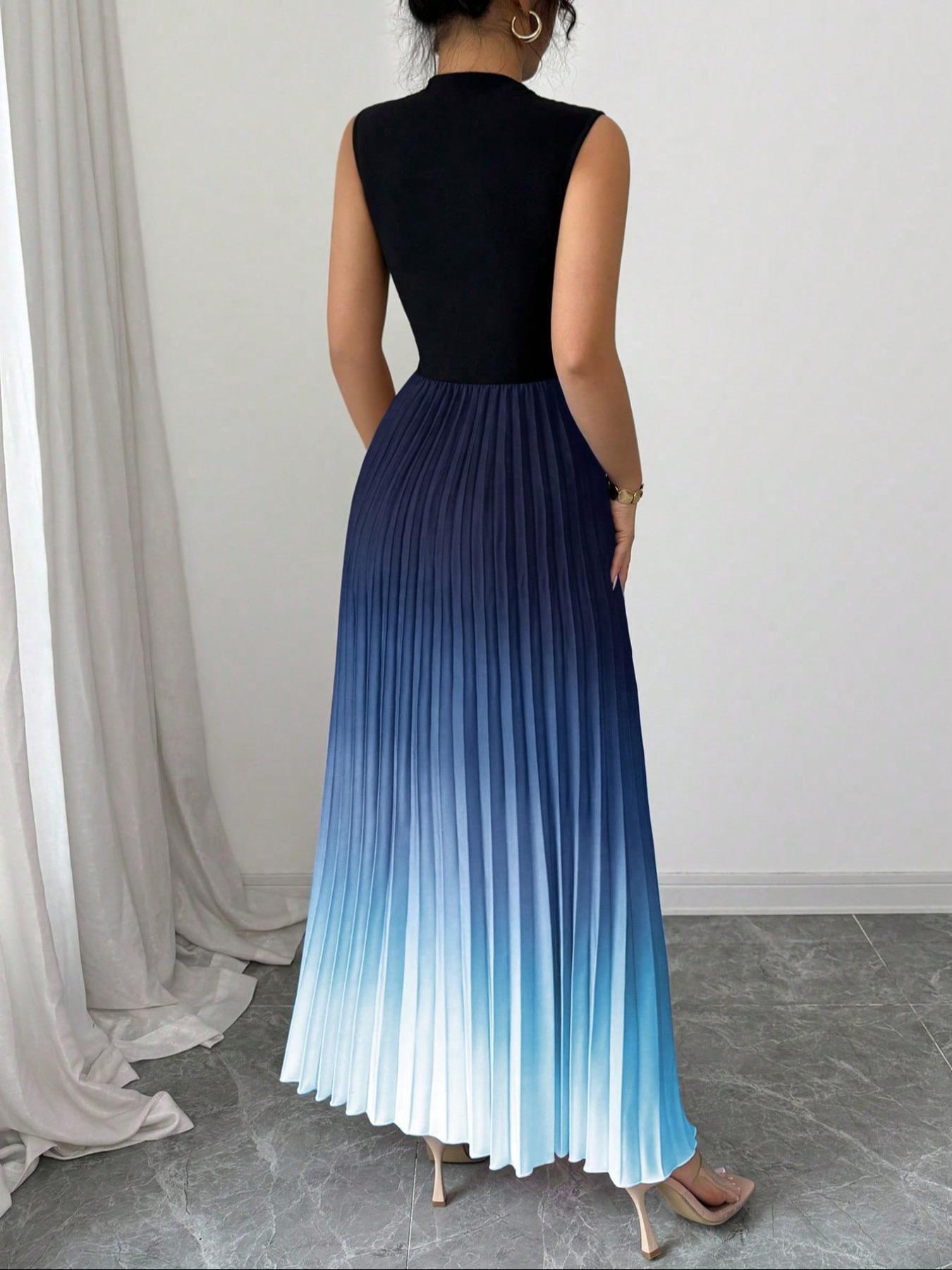 👗💜 Ombre Pleated Sleeveless Mock Neck Maxi Dress