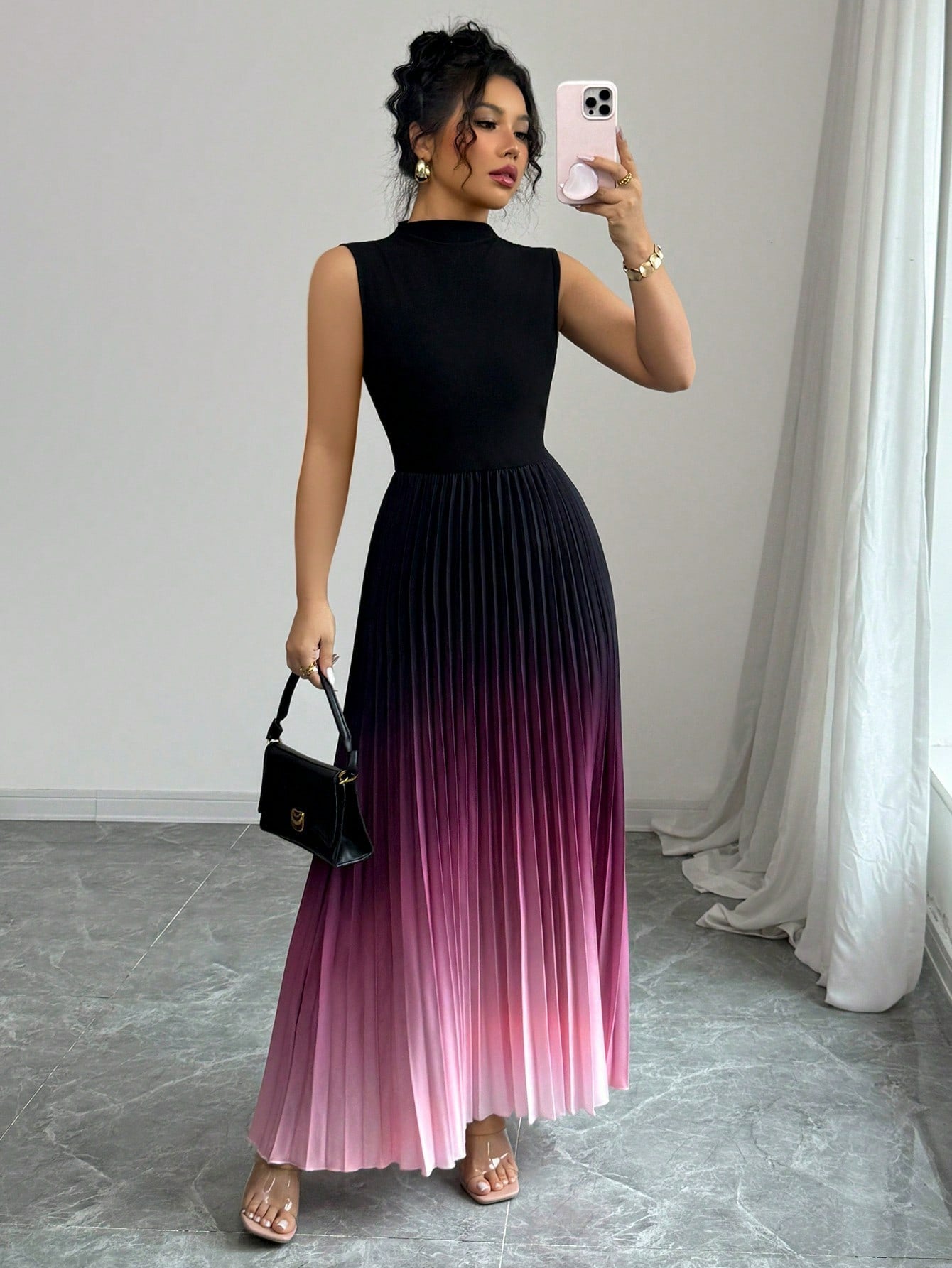 👗💜 Ombre Pleated Sleeveless Mock Neck Maxi Dress