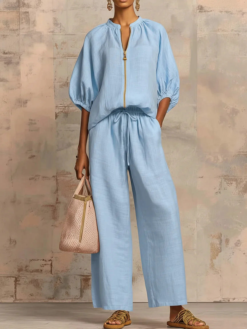 👚 40% OFF! 👖 Women's Solid Color 2-Piece Tracksuit – Puff Sleeve, Wide Leg, Zipper Detail ✨