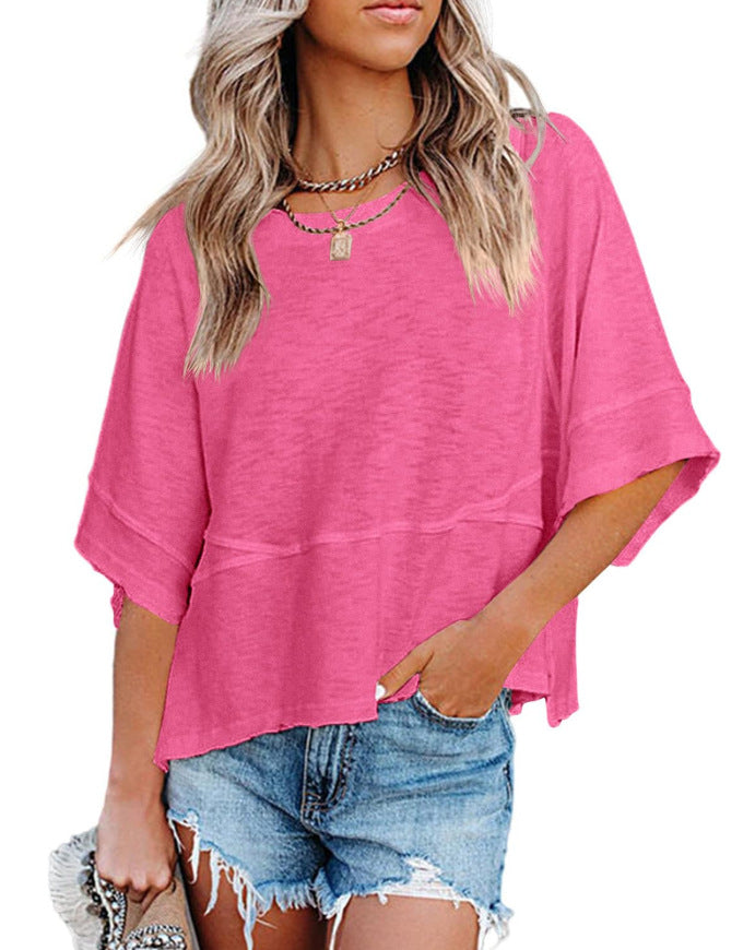 💃🌸Women's Solid Color Splicing Loose Five Points Flare Sleeve T-Shirt
