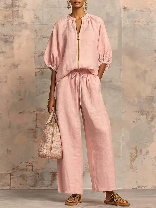 👚 40% OFF! 👖 Women's Solid Color 2-Piece Tracksuit – Puff Sleeve, Wide Leg, Zipper Detail ✨