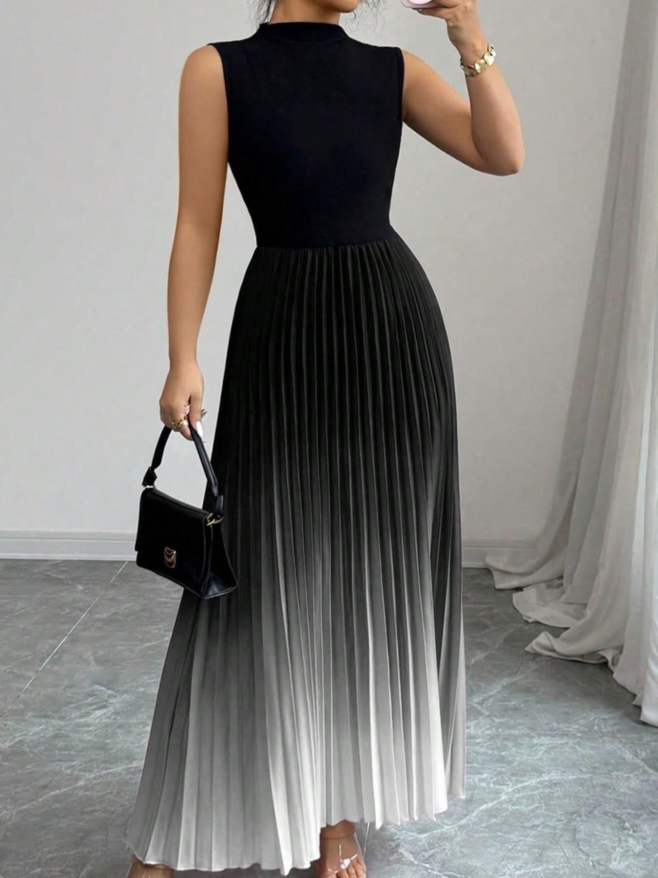 👗💜 Ombre Pleated Sleeveless Mock Neck Maxi Dress