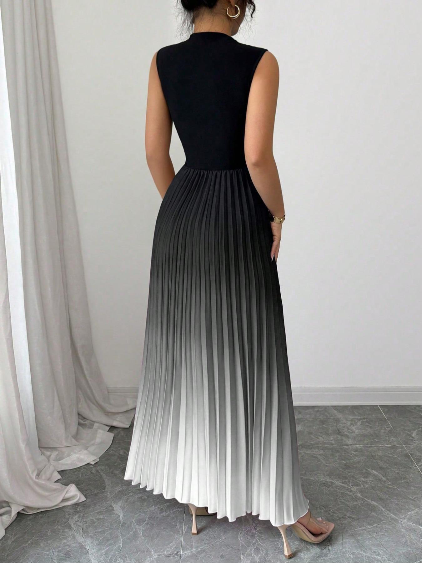 👗💜 Ombre Pleated Sleeveless Mock Neck Maxi Dress