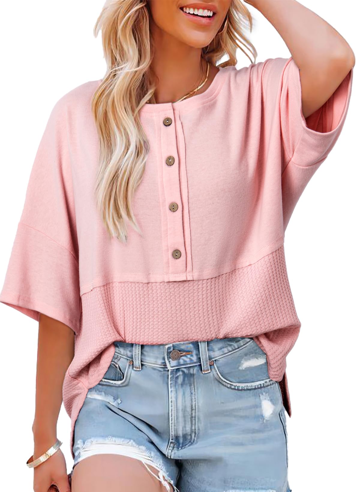 👚Women's 3/4 Sleeve Casual Button Down Waffle Knit Tops