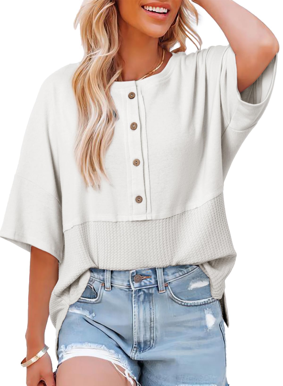👚Women's 3/4 Sleeve Casual Button Down Waffle Knit Tops