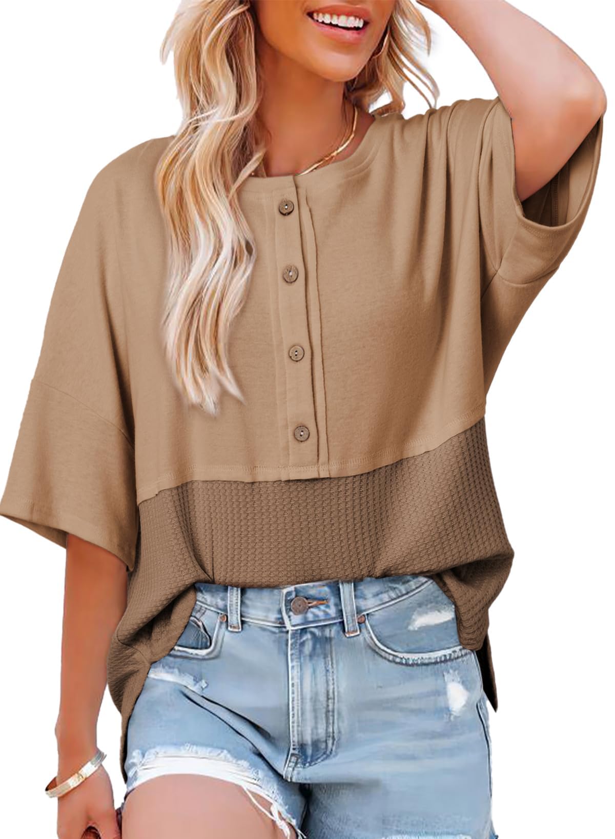 👚Women's 3/4 Sleeve Casual Button Down Waffle Knit Tops