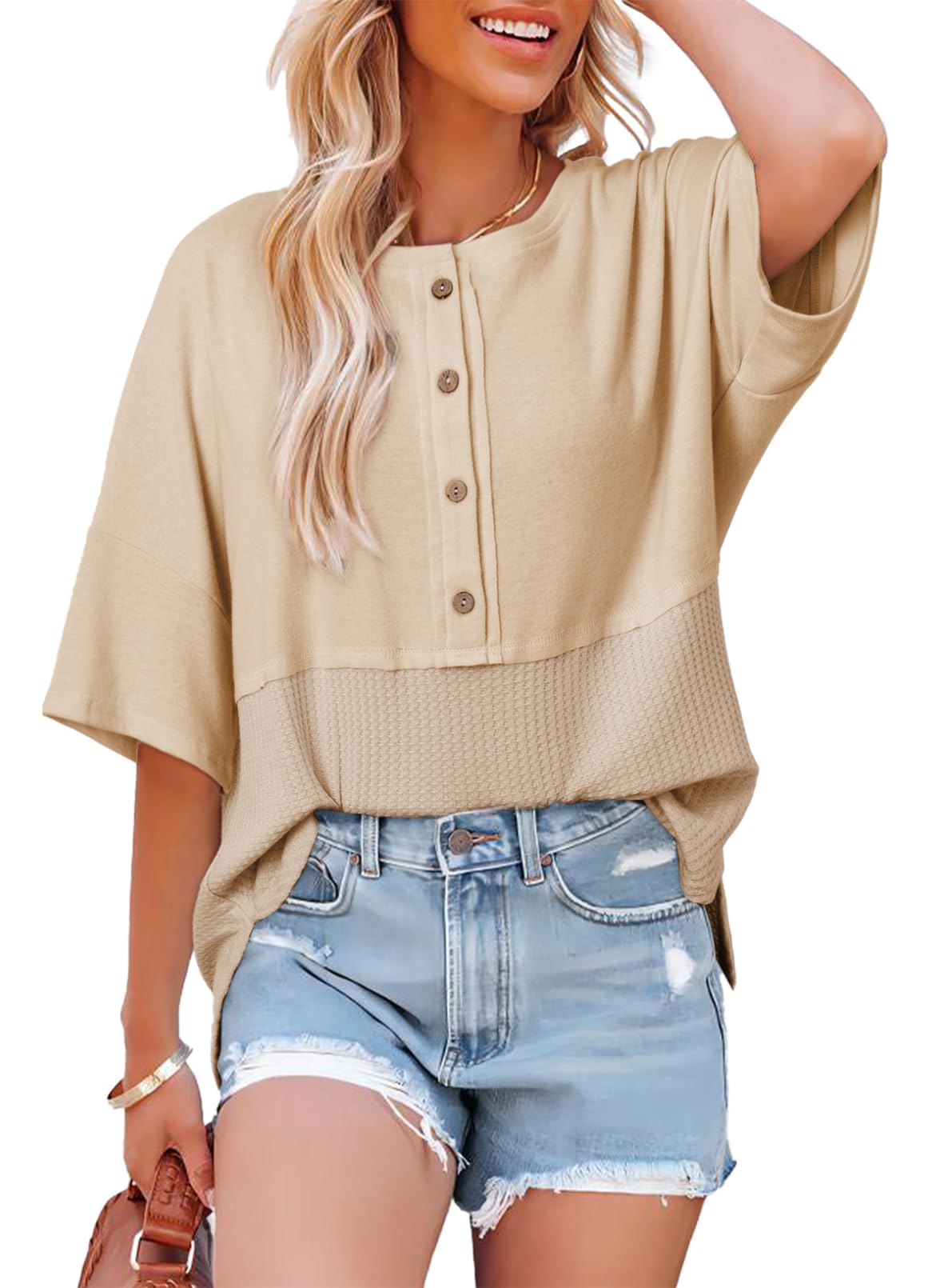 👚Women's 3/4 Sleeve Casual Button Down Waffle Knit Tops