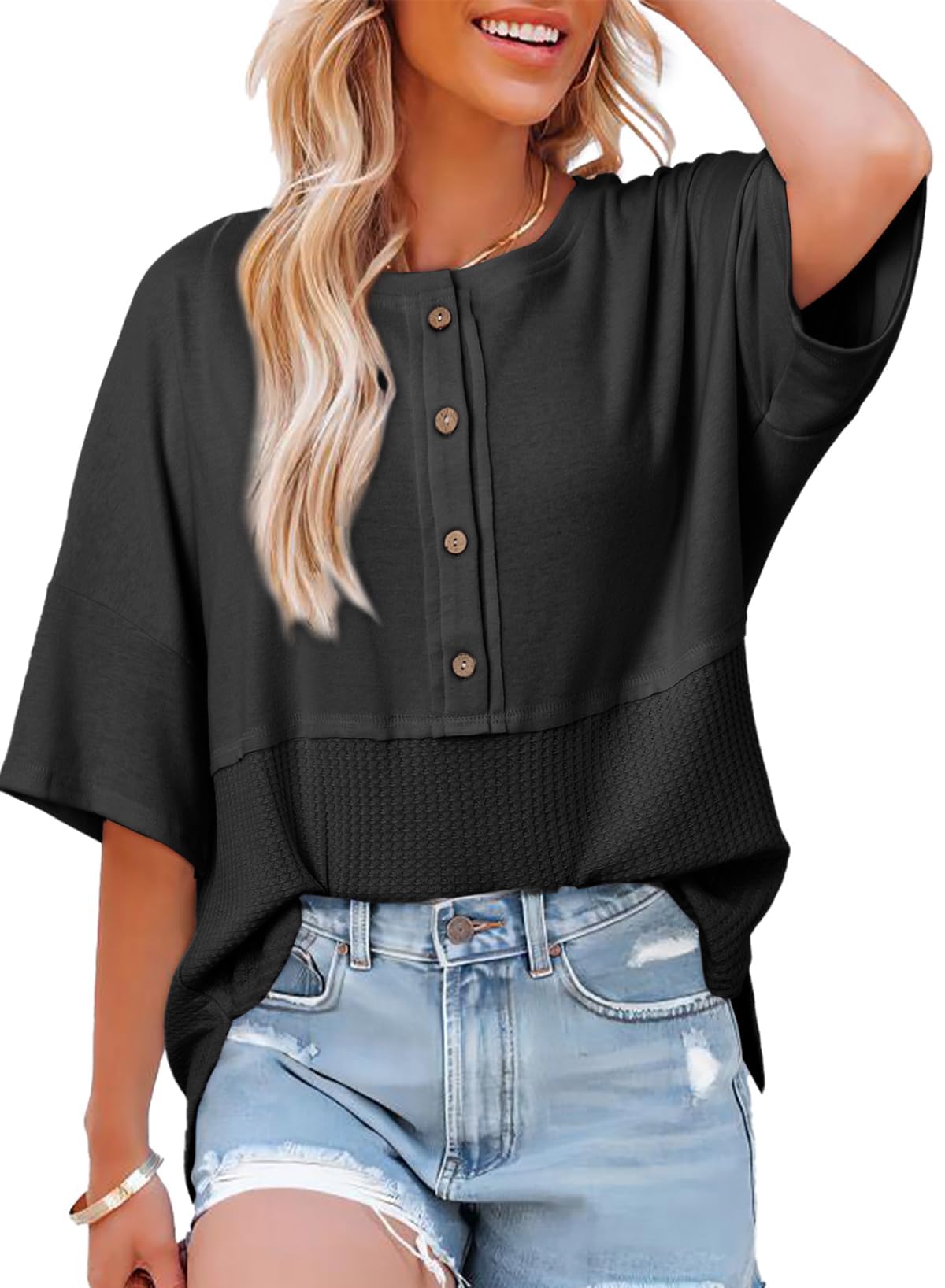 👚Women's 3/4 Sleeve Casual Button Down Waffle Knit Tops