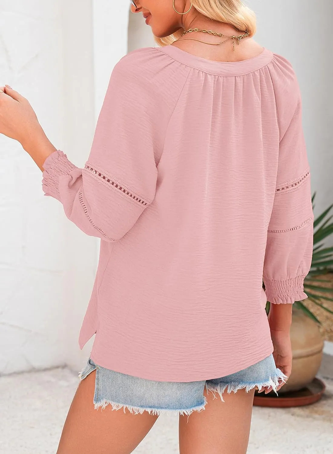 👚Womens 3/4 Lantern Sleeve Casual V-Neck T-Shirts Pleated Loose Hollow-Out Blouse