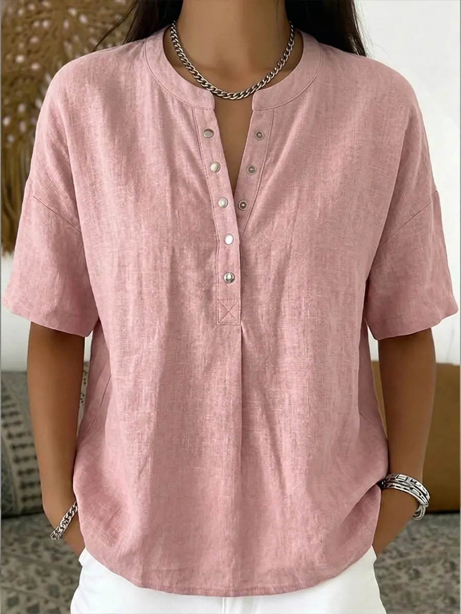 Women’s Casual Henley Collar Linen And Cotton Short-Sleeve Shirt