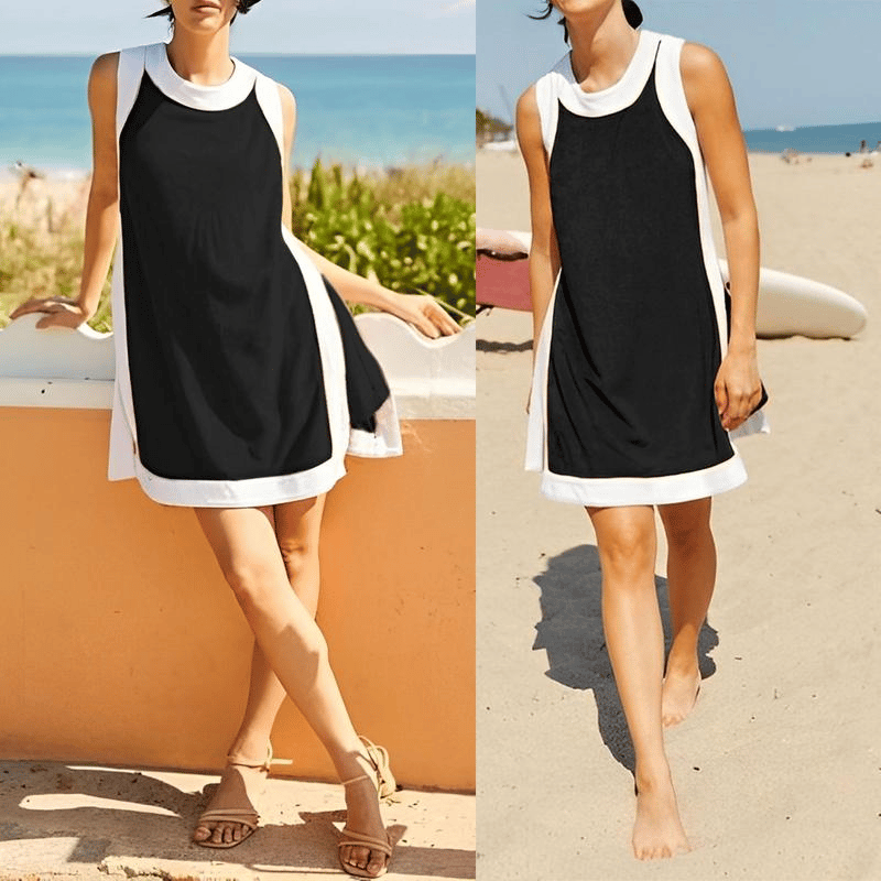🎁Women's 2-Piece Sets Color Block Crewneck Sleeveless Top + Skirt & Shorts w/ Pockets