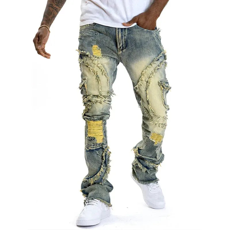 ✂️ Men's Deconstructed Frayed Flare Jeans – Vintage Wash & Stretch Cotton – Bold Streetwear 🛹