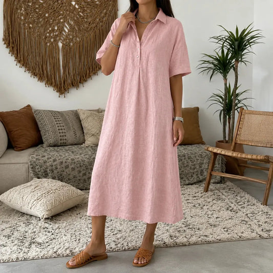 👠👗Women's Casual Cotton-Linen Short-Sleeve Polo-Collar Summer Dress