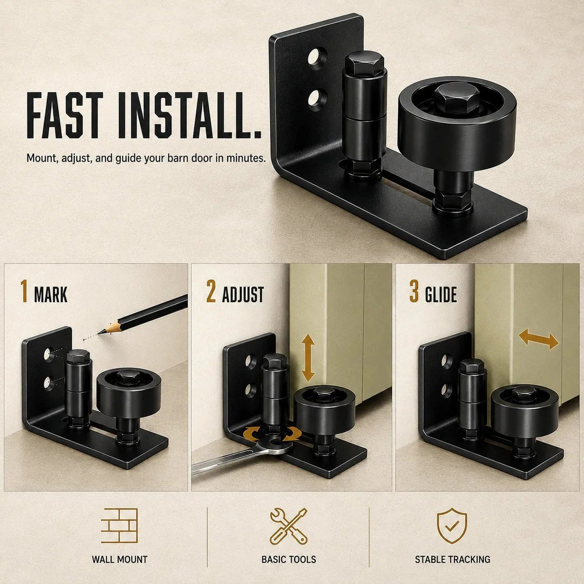 8-in-1 Adjustable Barn Door Floor Guide – Wall-Mount Stay Roller for Smooth, Stable Sliding