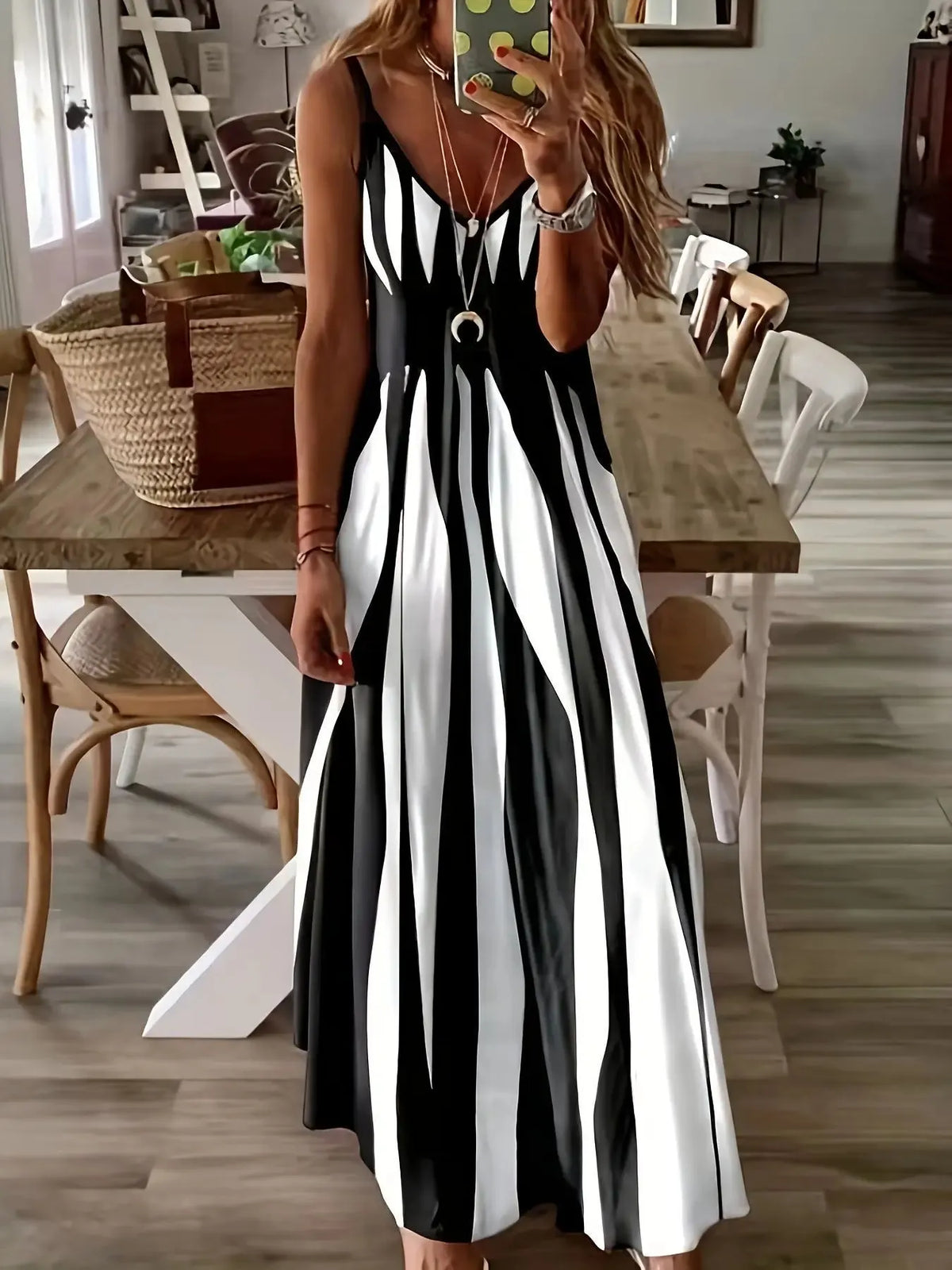 Striped Patchwork Suspender V-neck Dress
