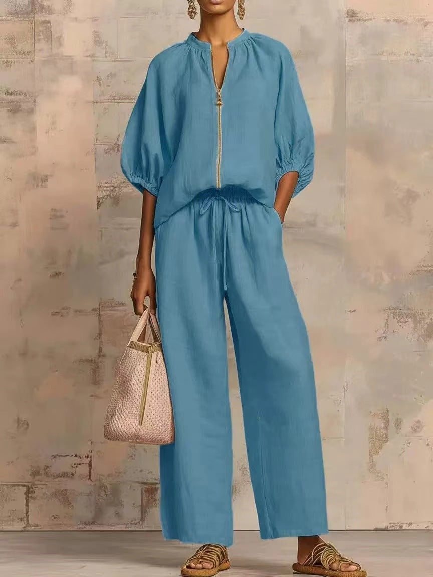 👚 40% OFF! 👖 Women's Solid Color 2-Piece Tracksuit – Puff Sleeve, Wide Leg, Zipper Detail ✨