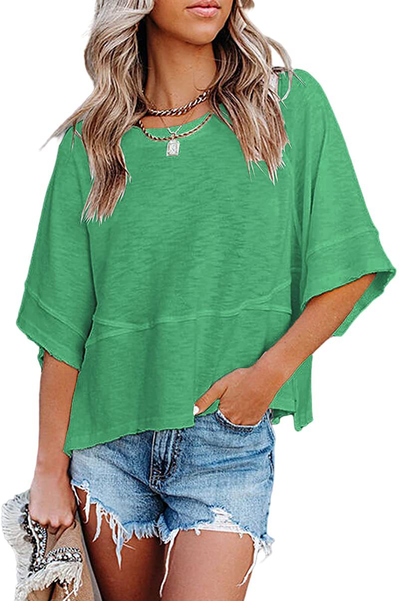 💃🌸Women's Solid Color Splicing Loose Five Points Flare Sleeve T-Shirt