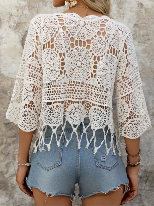 🔥 Women's Boho Crochet Blouse with Fringe Trim & Openwork Pattern Design
