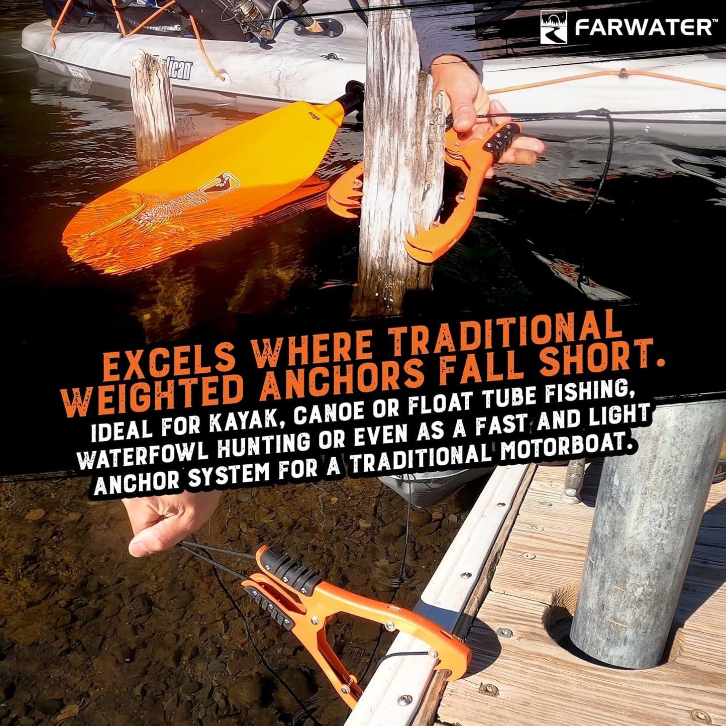 Canoe Anchor Grip - Boat, Float Tube & Kayak Fishing Accessories with 15ft Paracord