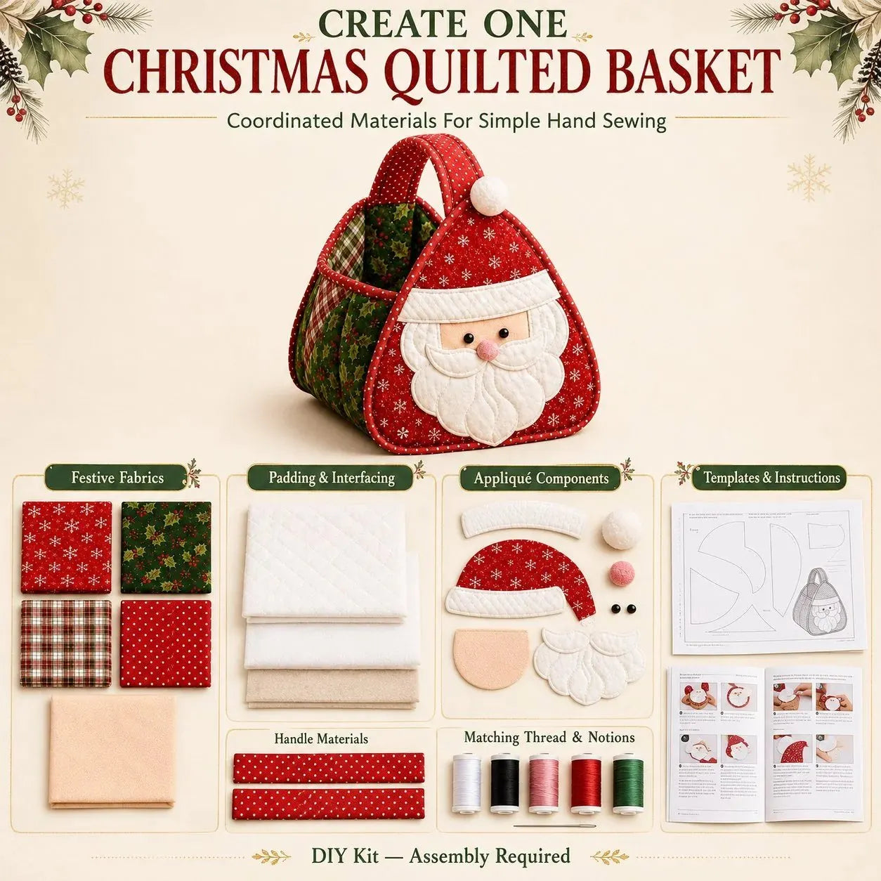🎉🎄 Christmas Character Quilted Carry Basket | Padded Patchwork Fabrics, Layered Appliqué & Soft Carry Handle in DIY Kit or Ready-Made Styles 🎁✨