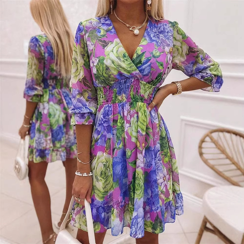 👗 50% OFF NOW! 🌸 Floral V-Neck A-Line Dress – Smocked Waist, Ruffled Hem & Breathable – Summer Ready, Effortlessly Romantic 🏖️