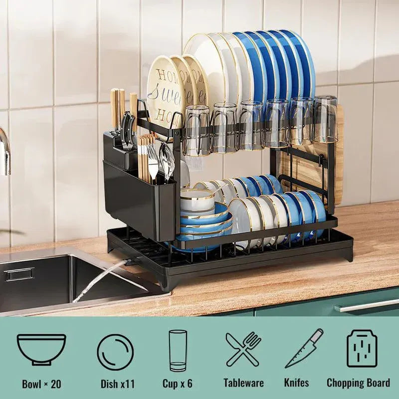 2-Tier Dish Drying Rack with Drainboard – Space-Saving Kitchen Organizer