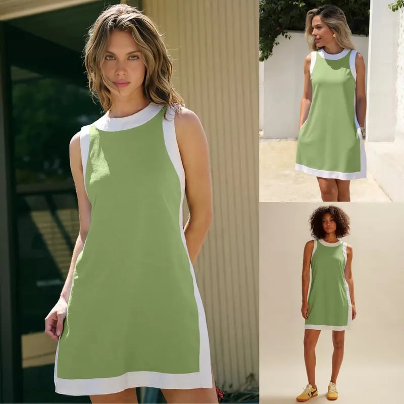 🎁Women's 2-Piece Sets Color Block Crewneck Sleeveless Top + Skirt & Shorts w/ Pockets