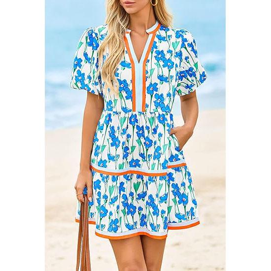 ⏰Summer Hot Sale 70% OFF💃Women's V Neck Floral Short Puff Sleeve Patchwork Casual Boho Mini Dress👍✨Soft Fabric & Comfortable Fit