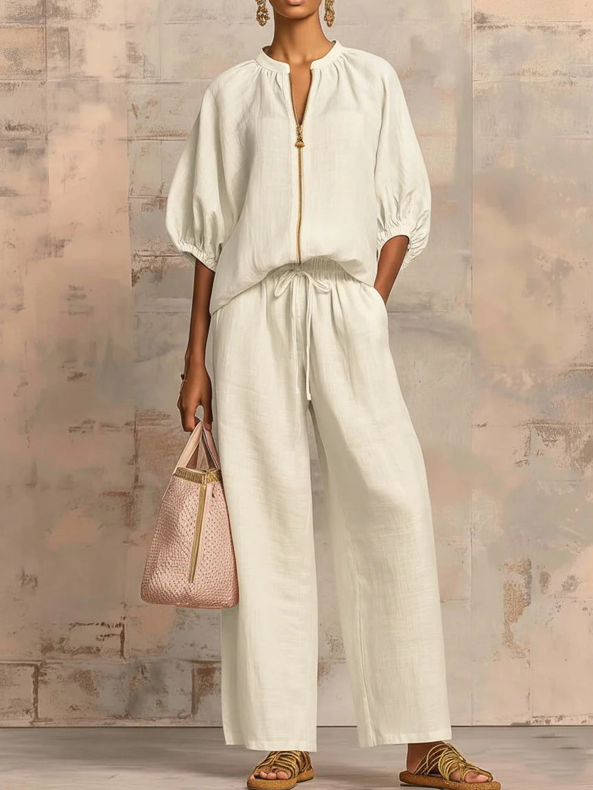👚 40% OFF! 👖 Women's Solid Color 2-Piece Tracksuit – Puff Sleeve, Wide Leg, Zipper Detail ✨